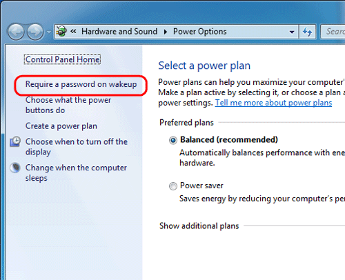 Windows 7 Power Options, Require Password
